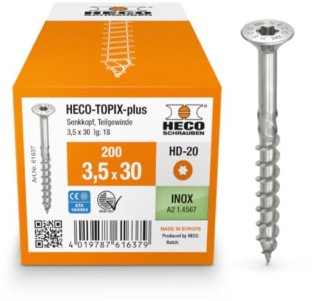HECO-TOPIX-plus Holzschraube 3,5 x 30, Senkkopf mit Frästaschen, HECO-Drive, HD-20, Teilgewinde, Edelstahl A2, 200 Stück