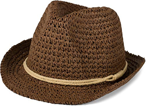 styleBREAKER Trilby Hut in Leichter Häkel Optik mit Zierband und Krempe, Sonnenhut, Papierhut, Strohhut, Unisex 04025026, Farbe:Braun-Beige, Größe:S/M = 56 cm