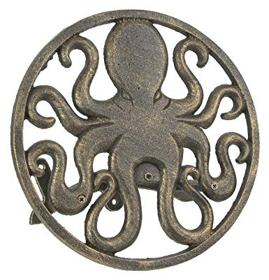 Zeckos Dekorativer Gartenschlauchhalter, zum Aufhängen, aus Gusseisen, Oktopus, bronzefarben | Für ca. 32 m Schlauch, Dreipunkt-Montage, Schrauben und Dübel im Lieferumfang enthalten
