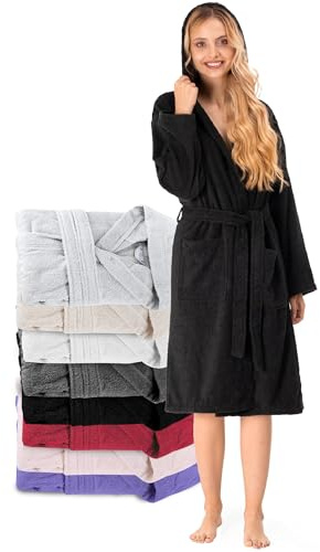 Twinzen Peignoir de Bain Femme - M - Noir - 100% Coton avec Capuche - Certifié OEKO-TEX® - Robe de Chambre Eponge 2 Poches, Ceinture - Doux, Absorbant et Confort