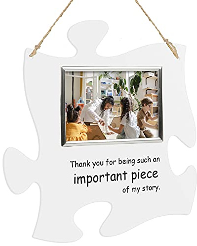PlaqueMaker Thank You For Being A Piece Of My Story - Hanging Modern Acrylic Puzzle Piece Sign with 6 x 4 Picture Frame - A Great Teacher, Mentor, Or Leader Gift (Clear Acrylic with Silver Frame)