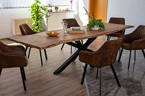 SAM Baumkantentisch 180 (280) x 90 cm Janosh, Akazienholz massiv & nougatfarben, Esstisch inkl. 2 Ansteckplatten 50 x 90 cm, echte Baumkante, Spider-Metallgestell in Schwarz