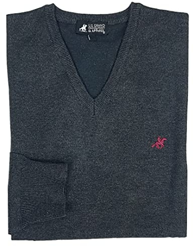 U.S. Grand Polo Equipment & Apparel Maglione Maglioncino Uomo Scollo V Pullover Punta Tinta Unita Elegante M L XL XXL XXXL (M - Grigio Scuro)