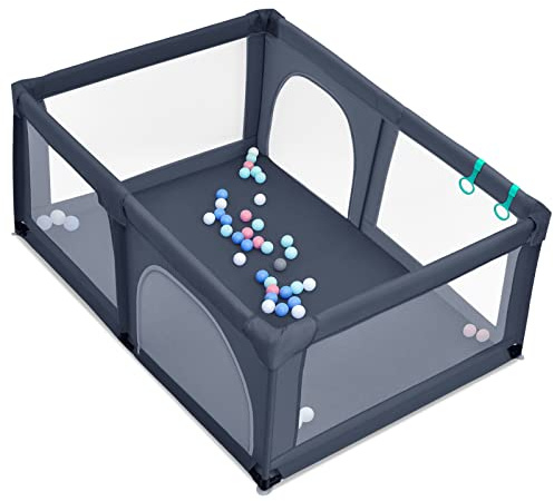 COSTWAY 120 x 190cm Baby Laufstall mit 50 Spielbällen, Laufgitter mit atmungsaktivem Netz und Reißverschluss, Krabbelgitter 2 Türen, Laufgitterzelt für Säuglinge und Kleinkinder (Dunkelgrau)