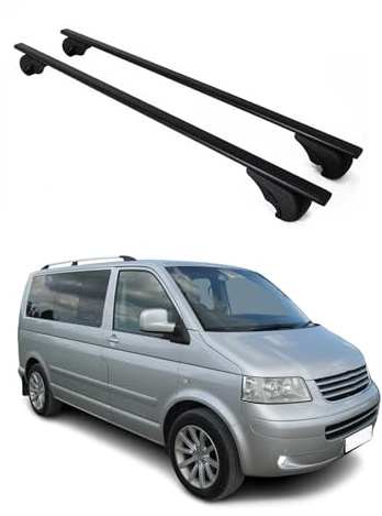 OMAC Dachträger Grundtäger kompatibel mit VW Multivan T5 2003-2015 Metall 75kg Schwarz 2tlg Offene Reling für Fahrradträger, Dachboxen, Skiträger Abschließbar