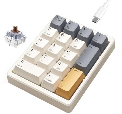 Kisnt Mechanical Number Pad,Hot Swappable Numpad Wired USB 17 Keys Keypad White Backlit Numeric Keypad with PBT Keycaps for Laptop PC Compact Keyboards (Retro Beige, Brown Switch)