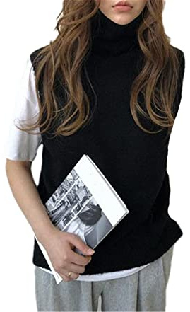 Maglione Pullover Dolcevita Senza Maniche da Donna 100% Cashmere lavorato a maglia Tinta Unita Gilet, Nero , L