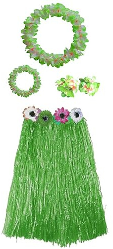 Hawaiisches Kostüm für Damen, Set mit Halskette und Hawaiian Armbändern für Kostüm, Blume, Erwachsene, Karneval, Halloween, (Rock/60 cm, Grün)