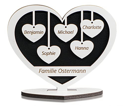 Munera Design – Herz mit Ständer und Gravur, individuelles Geschenk – Wunschtext 5 Namen - Größe 15x12x9cm
