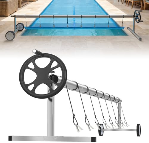 LZQ Enrouleur Bache Piscine Mobile en Aluminium système d'enroulement en Acier Inoxydable avec 8 Bandes de Fixation pour bâche Solaire et bâche de Piscine réglable de 3 à 5,70 m