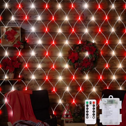 CCILAND Retino di luci natalizie rosse e bianche, a batteria, 1,5 m x 1,5 m, 100 LED, 8 modalità con telecomando, luci a rete a LED per esterni, per giardino, balcone, decorazione