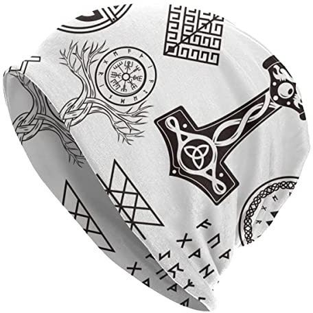 Wikinger Bedruckte Thors Hammer Beanie Mütze - Männer Frauen Verstellbare Doppelschicht Skullies Dünne Haubenkappen - Nordischer Pirat Mittelalterliche Hip Hop Mode Lässige Kopftücher