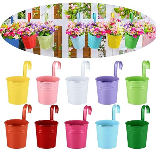 BSTMOME Metal Hanging Flower Pots with Detachable Hook Balcony Flower Bucket Wall Planter Holder Hanging Basket Garden Home Ornaments Home Decor (10 Colors)
