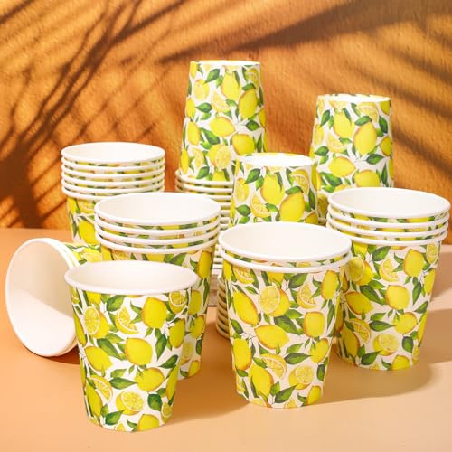 Whaline 50Pcs Watercolor Lemon Paper Cups Fruit Theme Disposable Cups Bulk Summer Yellow Green Decorative Party Cups for Cold Hot Beverage Drinkware Table Decor Party Supplies, 9 Oz