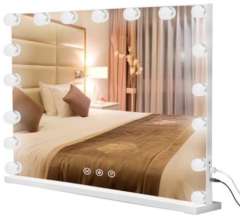 Buildonely Schminkspiegel mit Beleuchtung, 17 LED Licht Dimmbare mit 3 Farbtemperatur, Groß Hollywood Spiegel mit Beleuchtung mit 10X Vergrößerung, Tischspiegel, Wandspiegel, Touch Control-60 x 52 cm