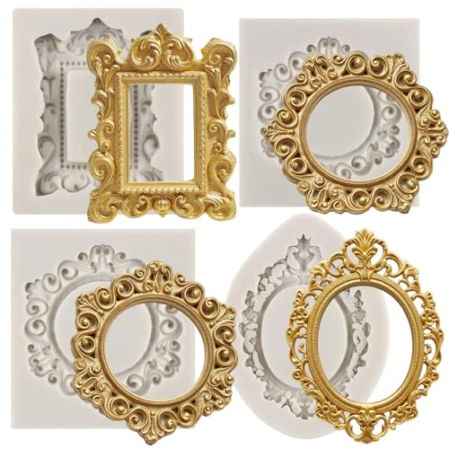 MYPRACS Lot de 4 moules en silicone pour cadres photo, fondants, style baroque, curlicues, décoration de gâteau, chocolat, bonbons, pâte à gomme, lot de 4