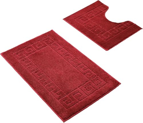 Paradise Products Badematten mit griechischem Schlüsselmuster, rutschfest, weich, waschbar, schnell trocknend, wasserabsorbierend, Badezimmer-Duschmatte und WC-Vorleger, Burgunderrot, 2-teiliges Set