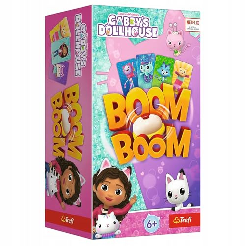 Trefl - Boom Boom, Gabby's Dollhouse - Dynamisches Familienspiel, Verrücktes Gameplay mit Glocke, Spaß für die ganze Familie, Kartenspiel mit den Helden Märchen Katzenhaus Gabi, für Kinder ab 6 Jahren