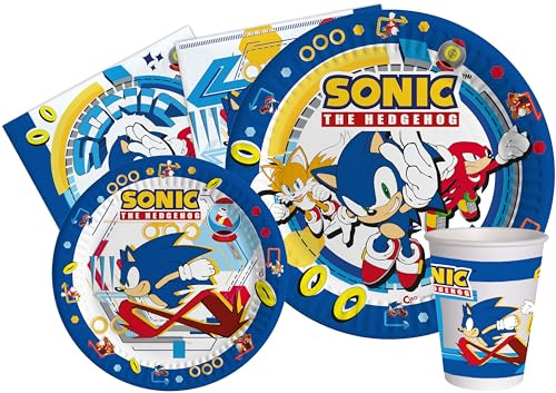 Kit Vajilla de Fiesta Sonic the Hedgehog para 8 personas (44 pcs: 8 platos Ø23cm, 8 platos Ø18cm, 8 vasos 250ml, 20 servilletas 33x33cm) de papel compostable eco-friendly