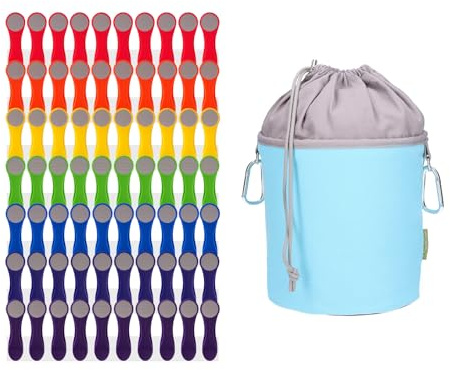 trendfinding Lot de 70 pinces à linge arc-en-ciel colorées grises avec ressorts en acier inoxydable et Softgrip, 1 sac à pinces à linge en toile bleu clair gris