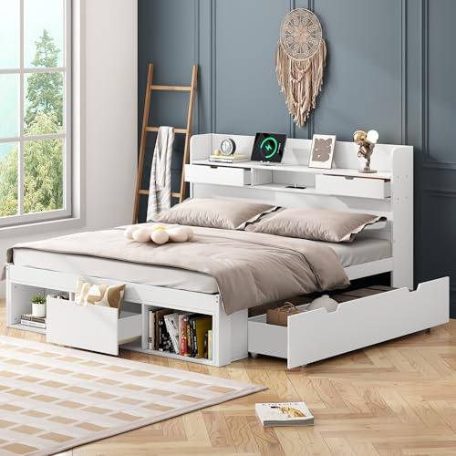 WIZBED Holzbett Doppelbett 140x200cm mit Schubladen, USB & Stauraum Kopfteil, Massivholz Bettgestell mit Lattenrost, Stauraumbetten, Jugendbett, Kinderbett, ohne Matratze (weiß, 140x200)