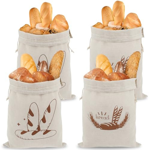 4Pcs Natural Linen Bread Bags for Homemade Bread 30×40cm Reusable Bread Bags with Drawstring, BPA Free Bread Storage Bags,Eco Bread Bag for Keep Bread Fresh