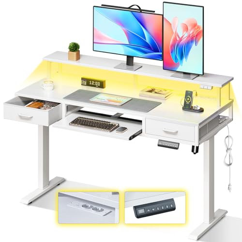 OffiGo Schreibtisch Höhenverstellbar mit Schubladen, 120 cm Elektrischer Schreibtisch mit Tastaturablage, Computertisch mit Monitorständer, Tisch Höhenverstellbar mit Steckdosen und Lichtleiste, Weiß