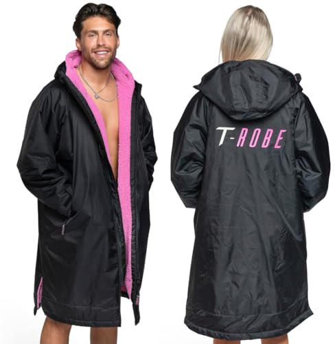 Totalcool T-Robe Wasserdichter Wickelmantel für Erwachsene, langärmelig, Herren-Bademantel, Surfen, wetterfest, schnell trocknend, warm, Sherpa-Fleece-gefütterte Jacke, schwarz/rosa, S