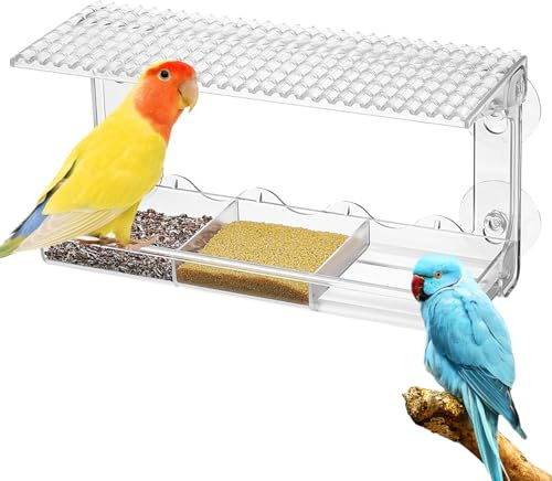 HANABASS Window Bird Feeder with Strong Suction Cups, Clear Plastic Bird Watching Box with Removable Trays, Drainage Holes and Water Tray, 28.5 x 15 x 10.2 cm