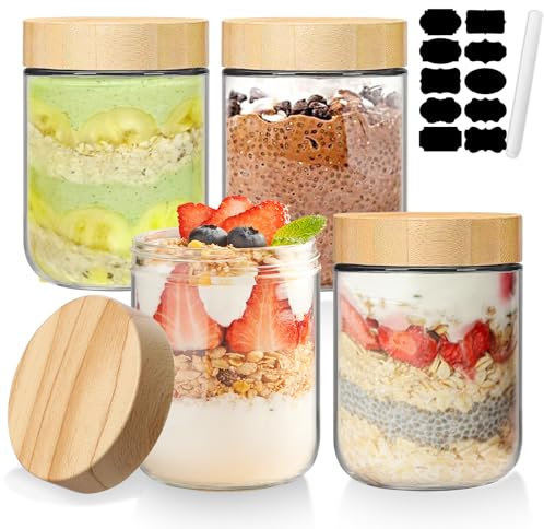 Glass Jars with Lids Overnight Oats Jar Glass Storage Jars for Jams Sweet Yogurt Hot Chocolate Pickling jar Glass Food Storage Containers for Tea Coffee Sugar Kitchen Preserving Jar 450ml - Set of 4
