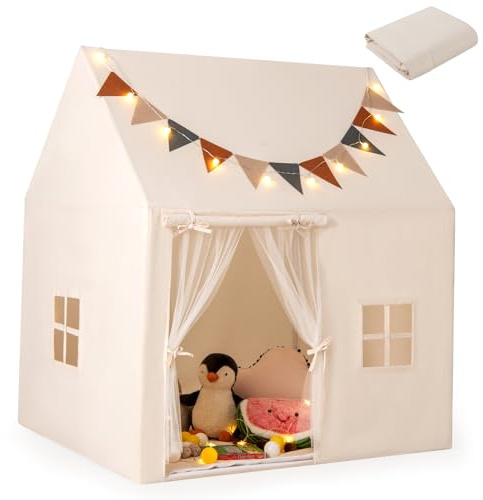COSTWAY Kids Play Tent, Indoor Outdoor Playhouse with Non-slip Mat, String Lights, Flags, Mesh Curtains and Windows, Large Castle Fairy Tents for Boys Girls (2 Windows)