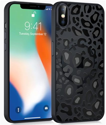 Coiwxmoi Magnetische Handyhülle für iPhone X/iPhone XS 5,8 Hülle, Kompatibel mit MagSafe, Aesthetic Leopard Muster Transluzente Mädchen Case, Matte PC Dünn TPU Stoßfest Kratzfest Cover - Schwarz 01