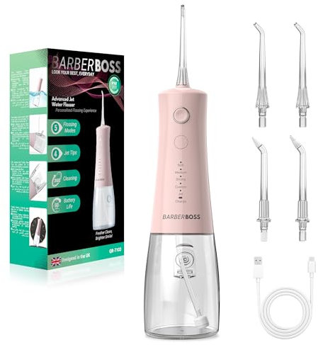 BarberBoss Water Flosser, Cordless Electric Tooth Flosser, 5 Pressure Modes, IPX8 Waterproof Dental Flosser, Portable Oral Irrigator for Gum Care, Teeth Cleaning kit (Pastel Pink)