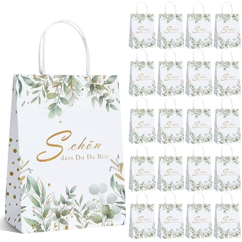 20 Stück Geschenktüten mit Henkel 21x15x8cm – Weiße Papiertüten mit Eukalyptus-Design für Kindergeburtstag, Hochzeit, Kommunion, Taufe, Gastgeschenke – „Schön, dass du da bist“ Mitgebsel Tüten
