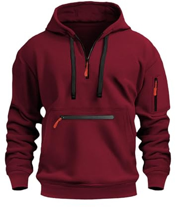 Volemo Mens Hoodies Quarter Zip Hoodie Colour Contrast Hooded Sweatshirt Long Sleeve Hoody Tops with Pocket Red XXXL