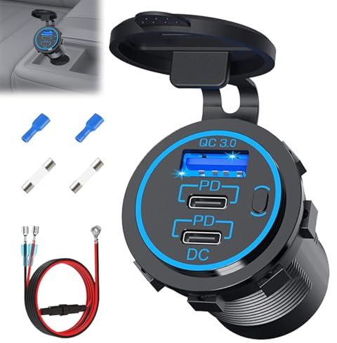 Menibeuty Prise USB 12V, 1set Prise de Chargeur de Voiture USBs QC3.0 avec Interrupteur Chargeur USB Filaire Multi Port, Prise Allume Cigare pour 1Phone 1Pad Android Phones Adapté à la Voiture Bateau