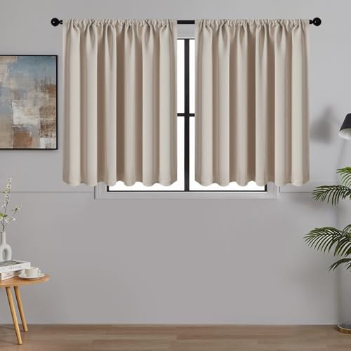 MRTREES Scheibengardinen Blickdicht Kurz Modern Fenster Küche Wohnzimmer Bistrogardine 2er Set H 45 x B 90 cm Küchengardinen Wasserabweisend Kurze Vorhang Klein mit Stangendurchzug Beige