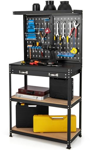 GOPLUS Banco de Trabajo Taller, Mesa de Herramientas Carga 100 kg, 81x41x155cm, con Tablero Perforado Metal, Estante Abierto, 14 Accesorios para Colgar (Azul+Negro)