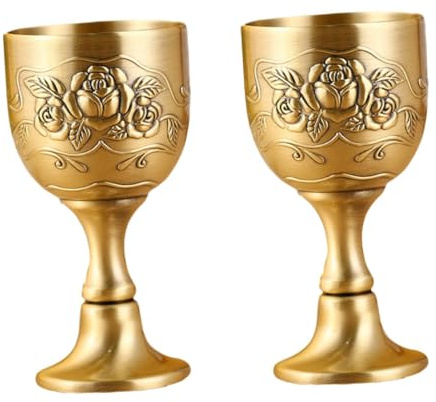 Veemoon Cáliz de Vino Mini Vintage de Aleación Grabado Floral Copa Pequeña de Metal Color Bronce Juego de 2 Piezas para Fiestas Bodas y Catas