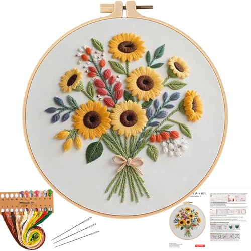 Herdiese Embroidery Kit for Beginners & Adults with Stamped Flower Pattern | Cross Stitch Kit Including Fabric, Hoop, Scissors, Threads, Needles & Instructions, Complete DIY Hand Sewing Craft Set