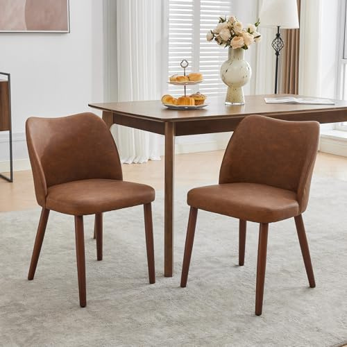 GarveeLife Dining Chair Set of 2, Linen Upholstered Dining Chair with Wood Legs, Wing Backrest, Wooden Kitchen Chair, Kitchen Chairs with Thick Cushions for Dining Room, Living Room,Brown.
