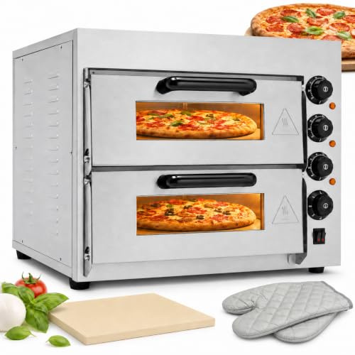 Forno elettrico per pizza a doppio piano, 3000 W, in acciaio inox, con pietra per pizza in cordierite, 2 ripiani, con timer e finestra, forno elettrico in pietra per casa, ristorante, panetteria