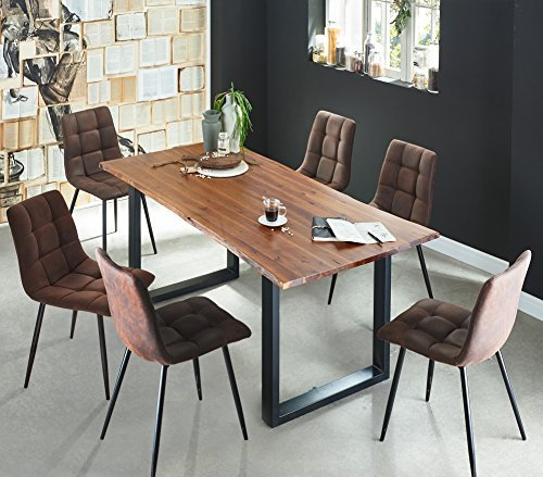 SAM 7 TLG. Essgruppe Esra, Baumkantentisch 180x90 cm, Akazie-Holz cognacfarben, Gestell schwarz, 6X Schalenstuhl ULF braun