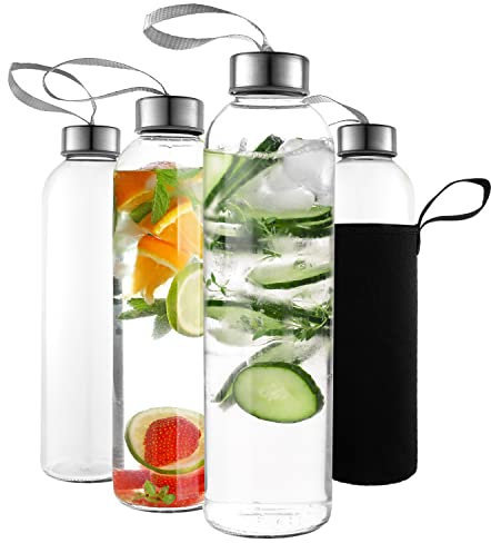 Kitchen Lux 16 Ounce Glass Water Bottles, Reusable Water Bottles with Airtight, Pack of 4, Stainless Steel Lids Carrying Strap And Nylon Water Bottle Protective Sleeves for Hot Or Cold Drinks