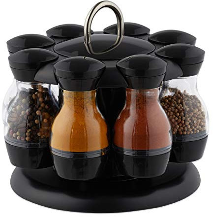 Relaxdays Gewürzkarussell, mit 8 Gewürzstreuern, 360° drehbar, tragbar, Kunststoff, HxD 17 x 19 cm, schwarz/transparent