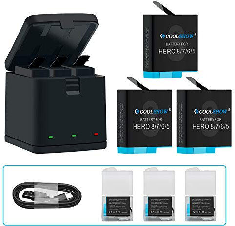 COOLSHOW Hero 8 Battery 1220mAh (3 Packs) and Triple Charger Compatible with GoPro HERO8, HERO7, HERO6, HERO5, Hero (2018)