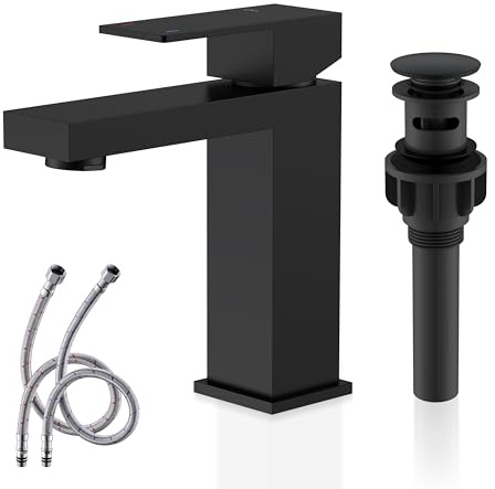 KENES Matte Black Single Handle Bathroom Sink Faucet, Stainless Steel Vanity Faucet for Bathroom Sink, with Pop Up Drain Stopper & Water Supply Hoses LJ-9031-2
