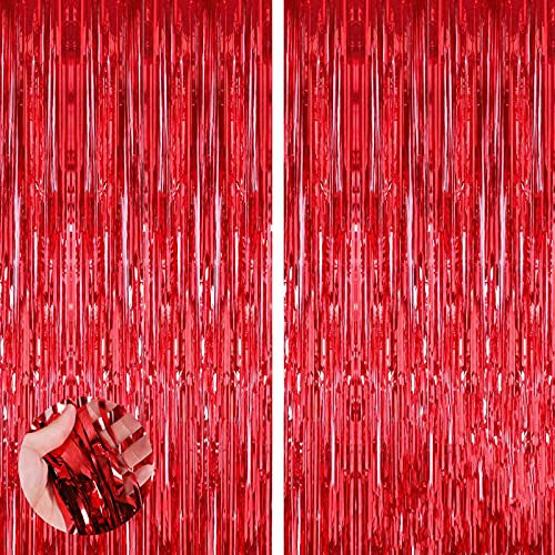 Aisszhao 2pcs Red Tinsel Foil Fringe Curtains 3.2ft x 6.5ft British Party Backdrops Props 70Years Queen's Platinum Jubilee 2022 Party Decoration Royal Theme Party Union French USA Events Decor