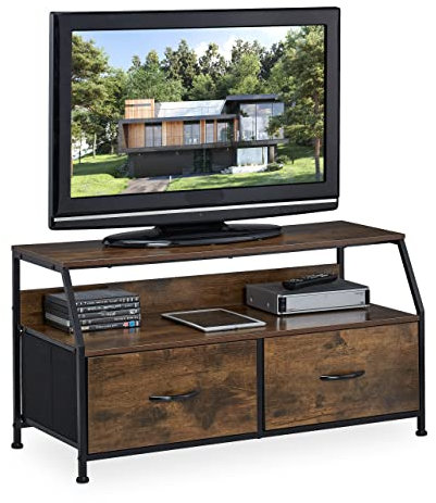 Relaxdays TV Board, Industrial, HxBxT: 48,5 x 93 x 41,5 cm, Metall, Holzoptik, 2 Schubladen, Fernsehtisch, braun/schwarz