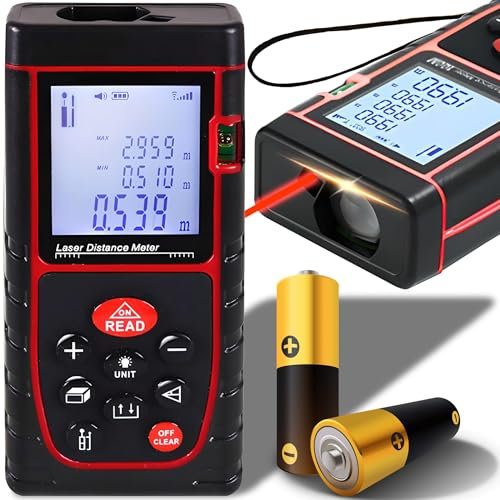 Retoo Laser Entfernungsmesser 40M, Digitales Distanzmessgerät LCD Hintergrundbeleuchtung, Viele Messmodi Pythagoras/Abstand/Fläche/Volumen Messunge IP54, Lasermessgerät mit 2 Batterien, Tasche